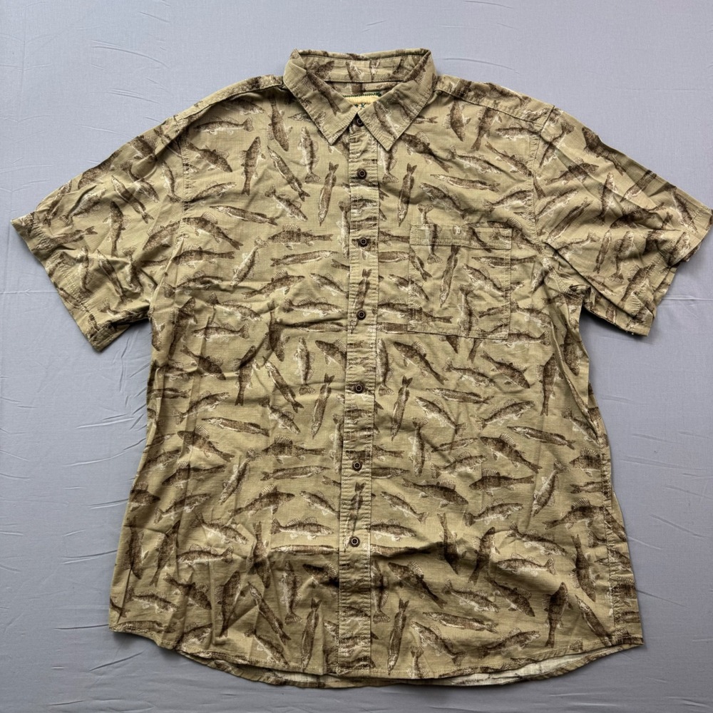 Outdoor Life Mens XL Fish Print Short Sleeve Button Down Shirt Tan Brown Fishing